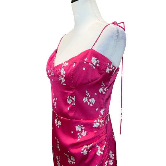 BARDOT Amika Floral Satin Midi Dress Side Slit Sweetheart Ties Hot Pink 10 NWT - Picture 9 of 13